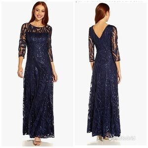 Adrianna Papell Embroidered‎ A Line Gown Blue Sequin Long Sleeve Sz 6